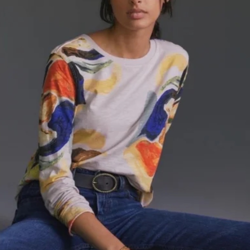 by Anthropologie Maeve Abstract Long Sleeve Tee Top T-shirt Size Small - Picture 1 of 7